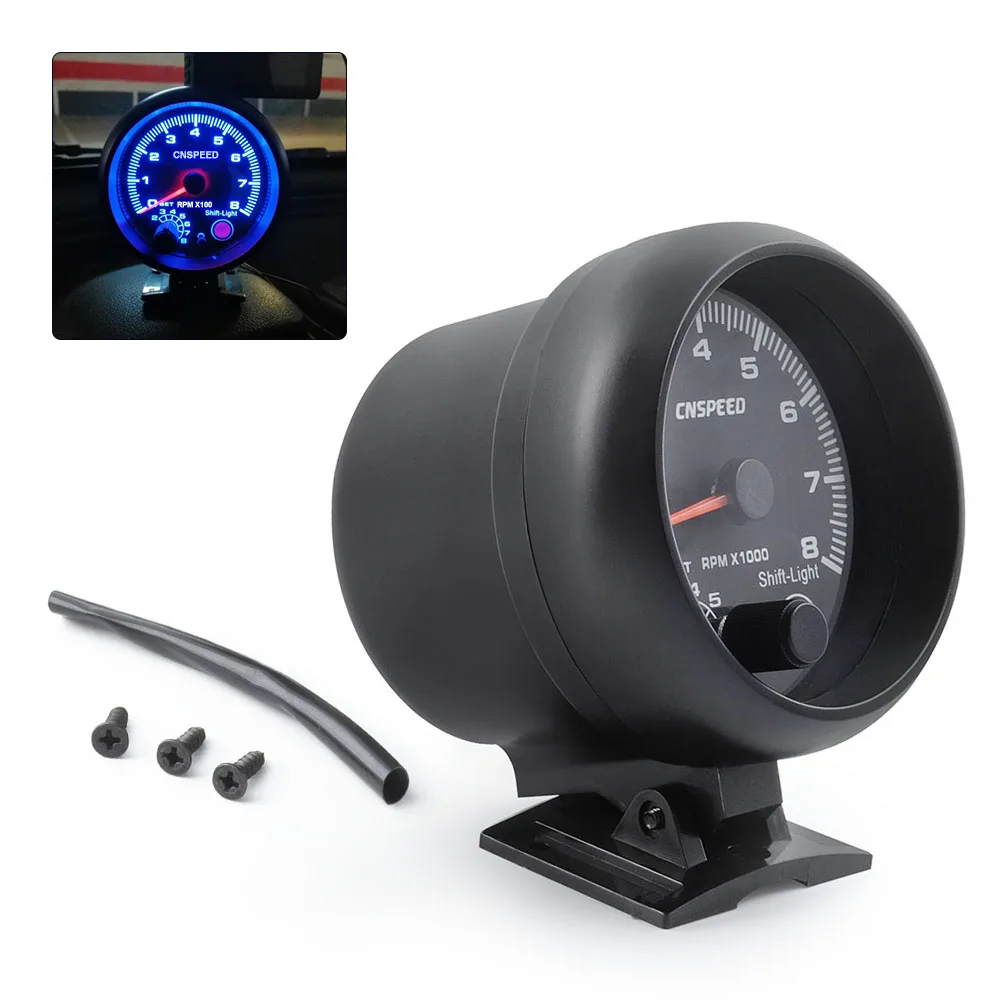 Car Tacho 12V RPM Gauge 3.75'' Universal Black Tachometer Gauge Blue Inter Shift Light 0-8000 RPM with Brightness adjustment