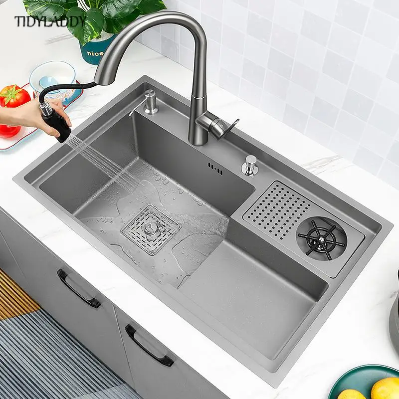 Grey Drop In Kitchen Sink Workstation Undermount Single Bowl 304 Stainless Steel Kitchen Sink with Drain Basket Accessories