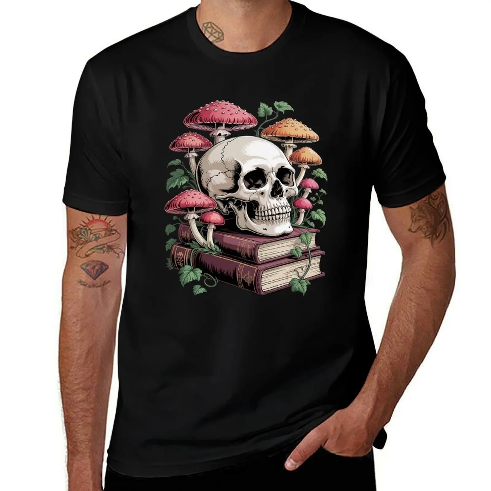 

Skull nestled among vibrant red mushrooms and books T-Shirt oversized blue archive funny meme t-shirts plus size men clothing