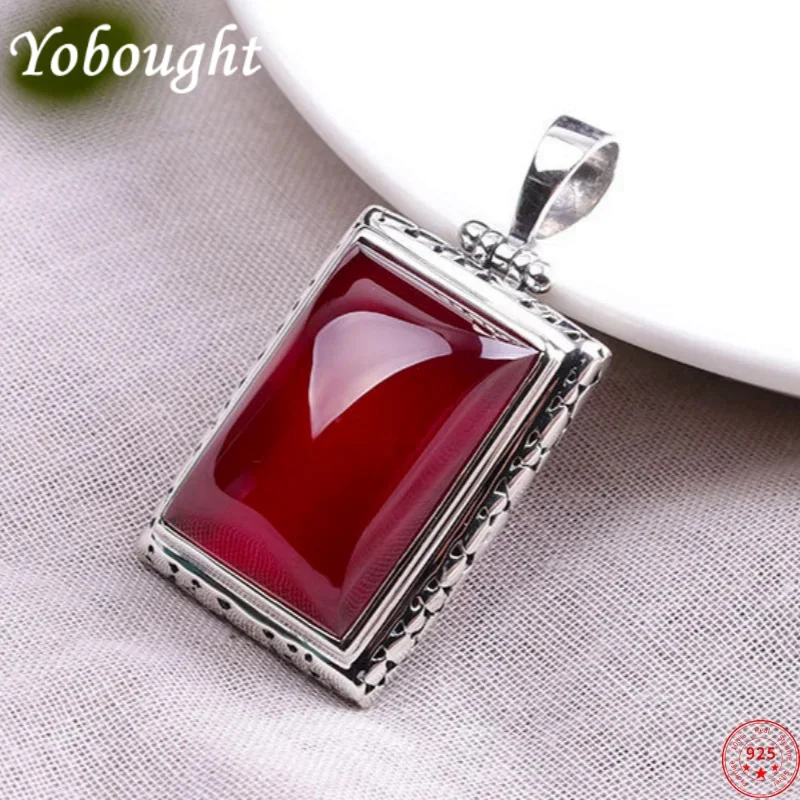 

S925 sterling silver charms pendants for Women New Fashion Square hollow pattern inlaid red corundum jewelry free shipping