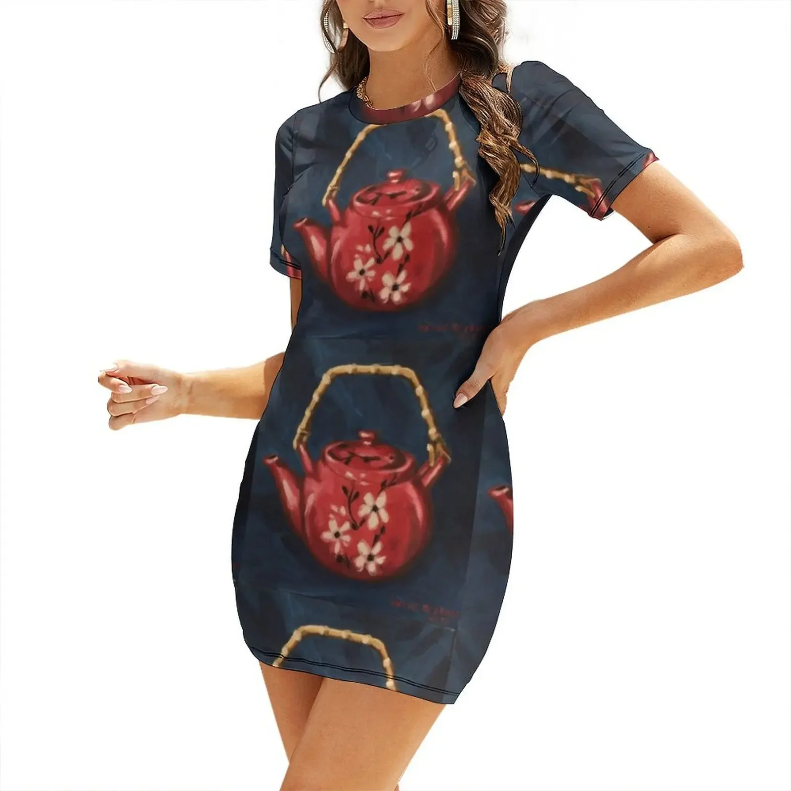 

The Red Teapot. Oil on linen. Short-Sleeved Dress elegant women's sets evening dresses luxury 2026 clothes for women