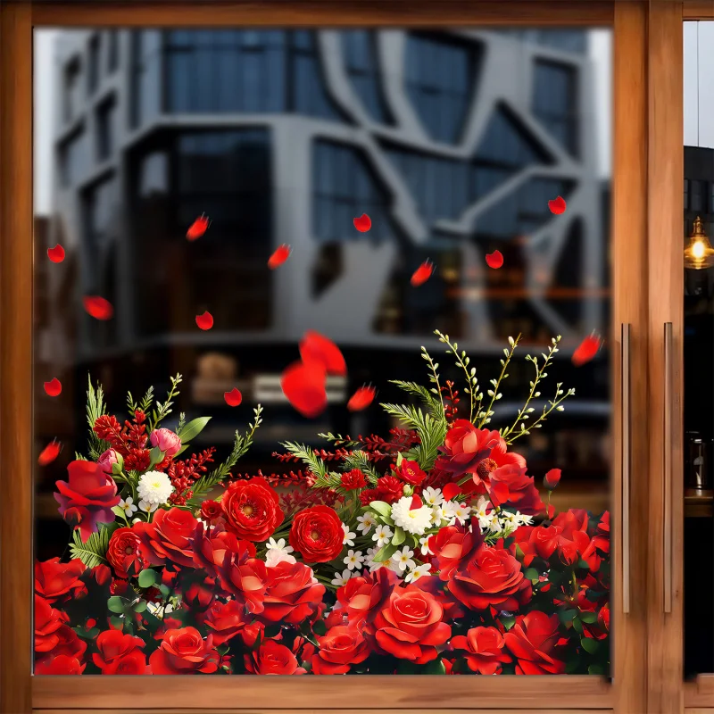 

Valentine's Day Rose Leaf Static Cling Window Sticker, for Bedroom Living Room Study Glass Holiday Decoration