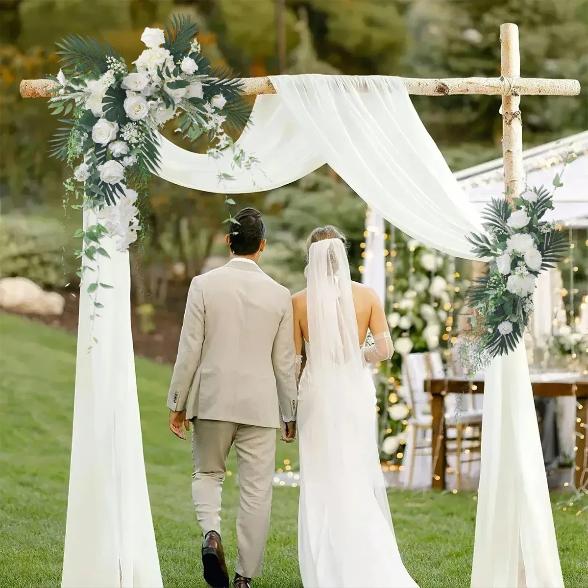 

2 件套 Artificial Arch Flowers, White Rose Wedding Arch Flower Arrangement Set with Greenery Leaves String, Flower