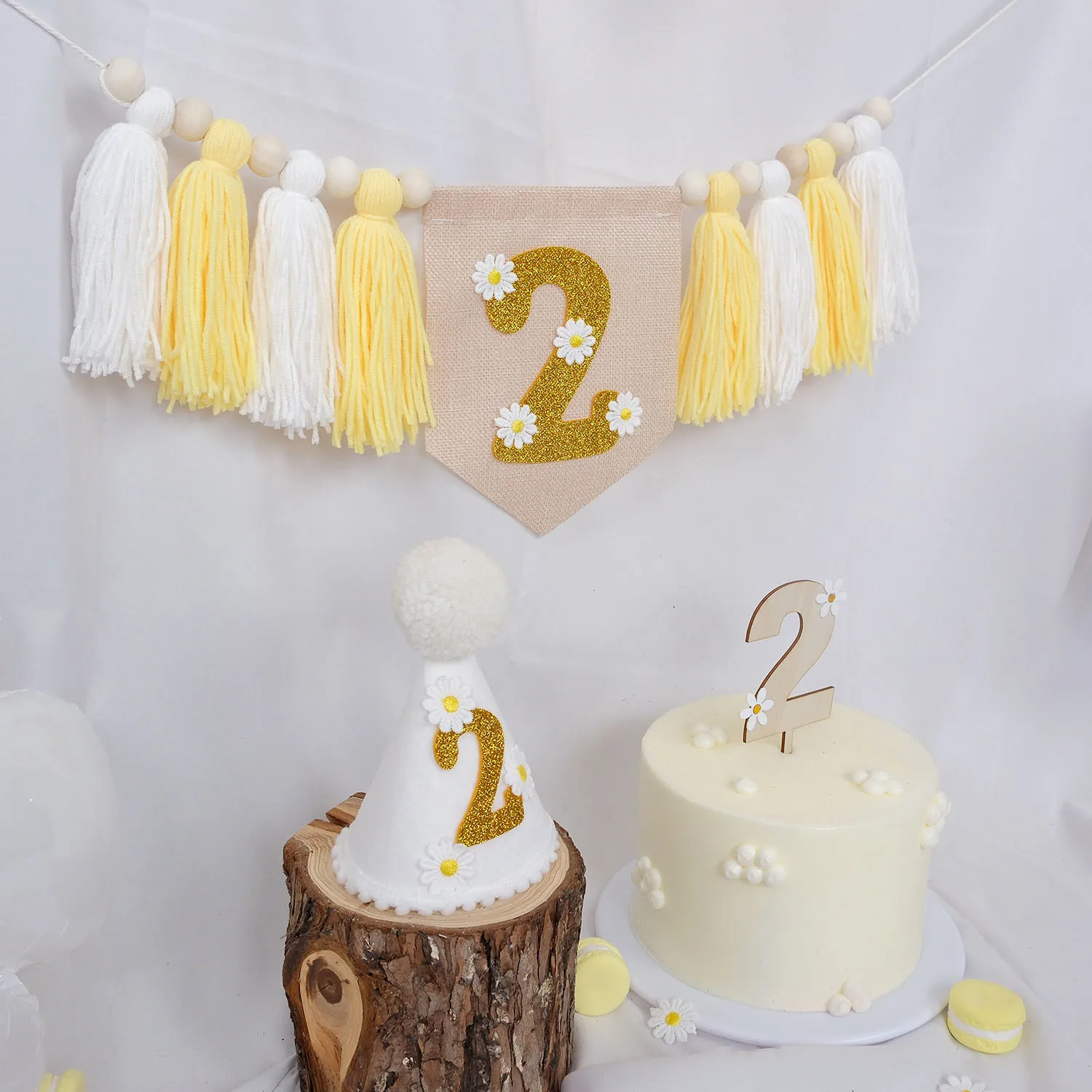 Frühlings-Gänseblümchen-Thema 2. Geburtstags-Banner, Hochstuhl-Banner mit Quastenkranz, 2. Geburtstags-Tüllhut, Kuchendekoration – Detail 2