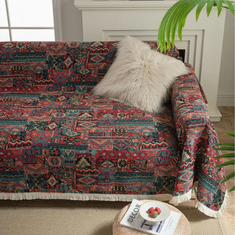 Bohemian Jacquard Fabric Retro Print Sofa Cover Slipcover Prevent Cat Scratching Flower Vintage Festive Thick Sofa Cover Blanket