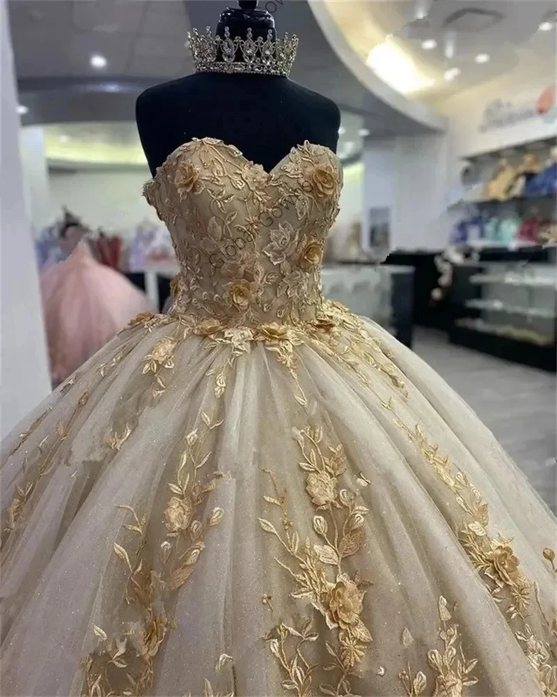 ANGELSBRIDEP-Robe de Quinceanera scintillante en dentelle champagne, fleur 3D dorée, robe éducative de 15 ans, fête d'anniversaire formelle