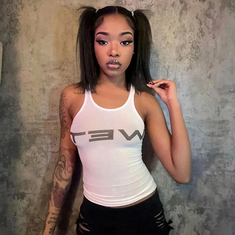 Y2k Aesthetics Harajuku Vintage Tank Top Letter Print Streetwear Sleeveless Baby Crop Top Sexy Elegant Club Clothing 2024 Summer