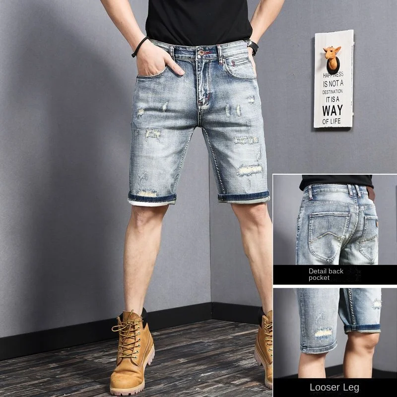 Korean Fashion Cowboy Washed Vintage Denim Shorts Men's Casual Summer Knee Length Straight Retro Classic Streetwear Shorts Jeans