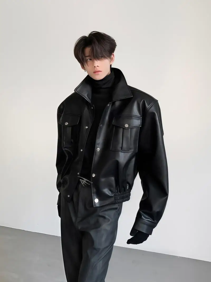 Large Pocket Shoulder Padded Niche Leather Jackets Men's 2025 Spring Autumn Faux Leather Coats High-end Trendy Motorcycle Jacket