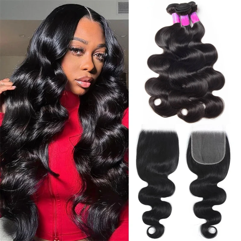 

Натуральные бразильские волосы Virgin Human Hair в пучках с заколкой-застежкой, волнистые, 3/4 пучка, с заколкой-застежкой 4x4 5x5 и пучками волос