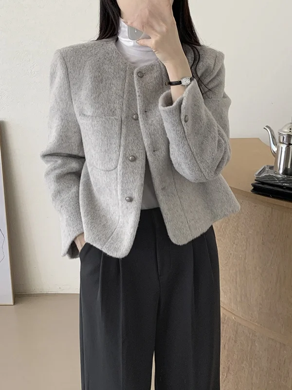 

Korean Sle Ele round Ne ort Woolen Jaet Single Button Open Cardigan Chic Top for Women Faionable Winter Coat