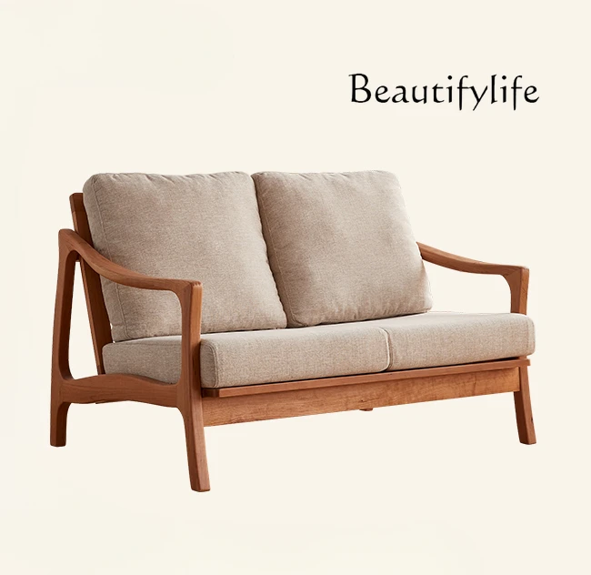 Japanese-Style Cherrywood Solid Wood Sofa Simple Cotton and Linen Fabric Single Double Combination Log Mortise