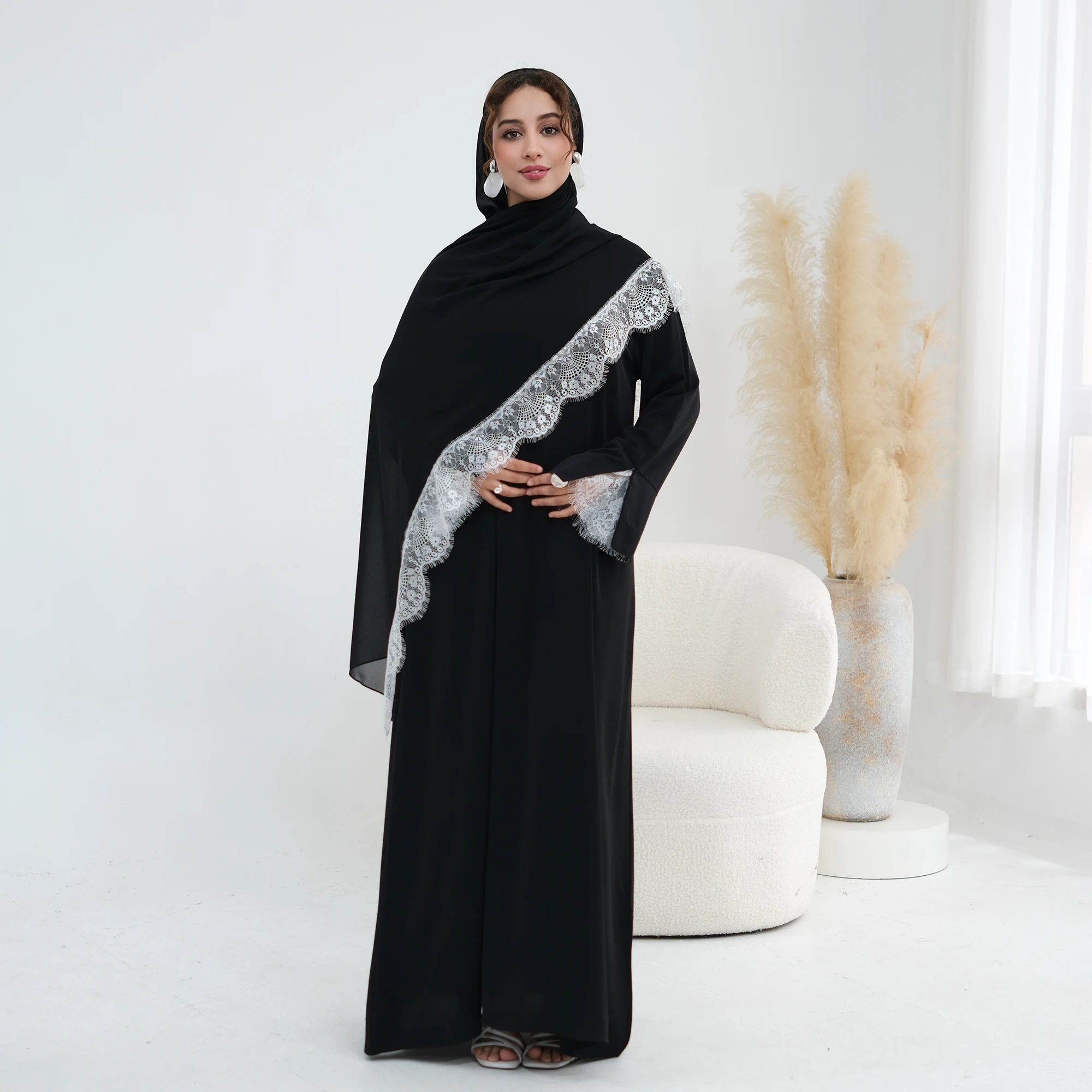 Summer Clothing Hijab - Delicate Lace Trim Regular-Fit Muslimah Abaya