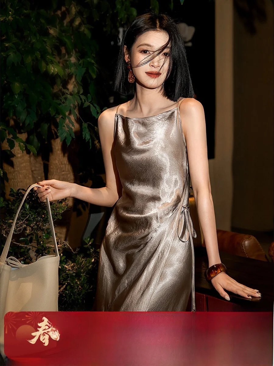 

Элегантное платье из ацетатного атласа с тонкими бретелями, для церемоний и повседневной носки, с завышенной талией, из мягкой вискозы, весна-лето