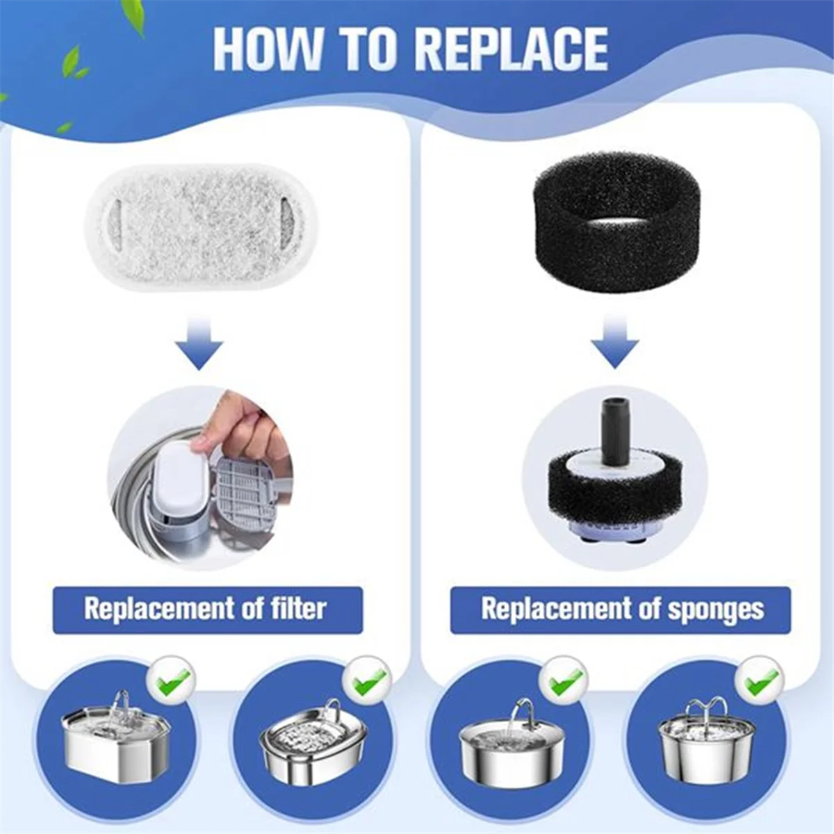 دائم 40 قطعة مرشحات نافورة الماء القط ل 67 أوقية/2L و 108/3.2L الفولاذ المقاوم للصدأ نافورة الحيوانات الأليفة القط استبدال مرشحات الإسفنج