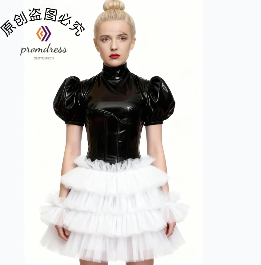 Victoriaanse gotische zwarte galajurk 2026 korte mouw hoge hals Witchy kostuum avondjurk witte tule ruches cocktail cosplay