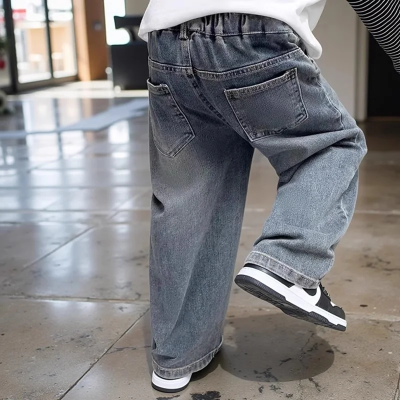 Kids Pants Boys Korean Childrens Pocket Clothing 2025 Spring New Trousers Straight Wide Legs Jeans Spring New High Quality 4-14T