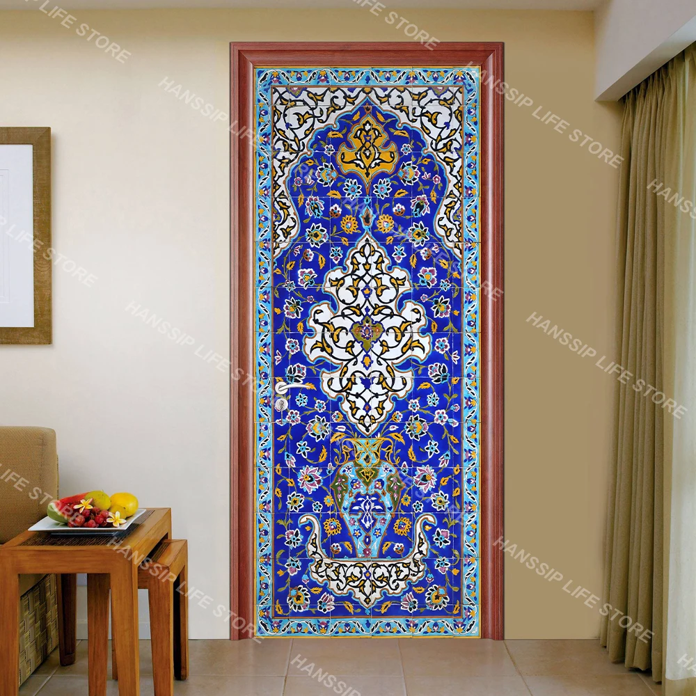 Traditional Moroccan Ceramic Mosaic Door Wrap Sticker Wallpaper Peel and Stick Retro Geometric Islamic Muslim Door Art Decals