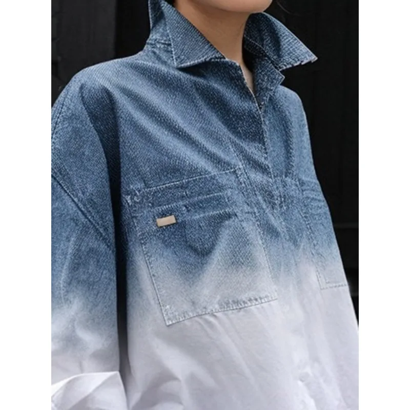 2026 New Women's Gradient Color Oversized Lapel Shirts Long Sleeves Buttoned Irregular Hem Fashion Casual Blouses
