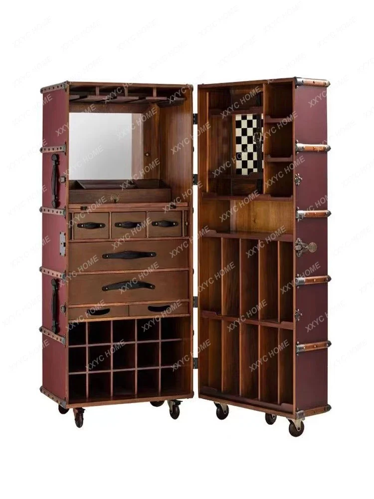 JJLight Luxury Solid Wood Wine Cabinet Locker Household Retro Nostalgic Style Floor Mobile Wine Cabinet