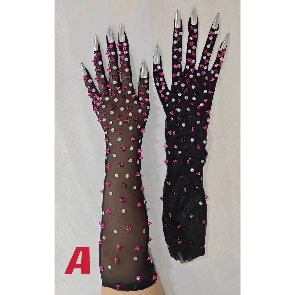 Sexy Full Diamond Perspective Mesh Gloves Nightclub DJ Bar Stage Props Singer Dance Team Performance Clothing Party Theme Show