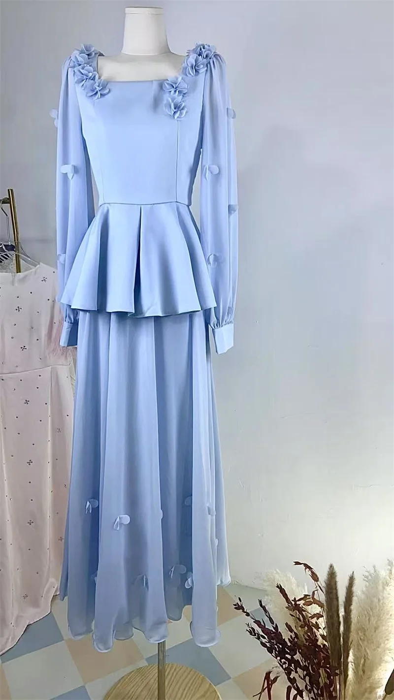 Arabia Prom Dress 2 Pcs Women Suit Skirt Set Blazer+Long Robes Full Sleeve 3D Flower Formal Pageant Party Wedding Evening Gown