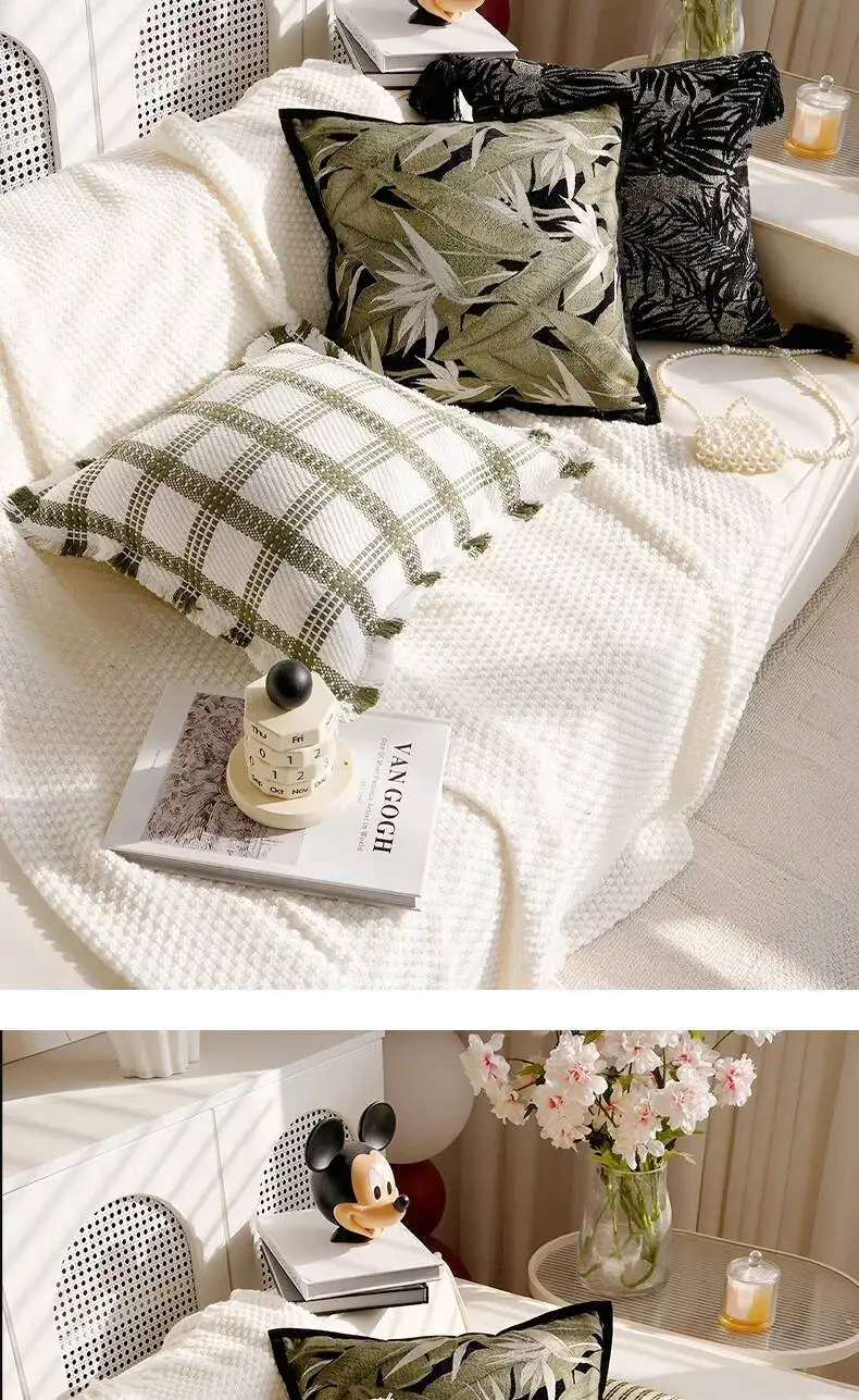Nordische bestickte Boho-Chenille-Kissenbezüge mit Blumenmuster, Frühlingsblättern und Pflanzenmotiven, dekorative Kissenhüllen für Sofa, Bett und Heimdekoration – Detail 11