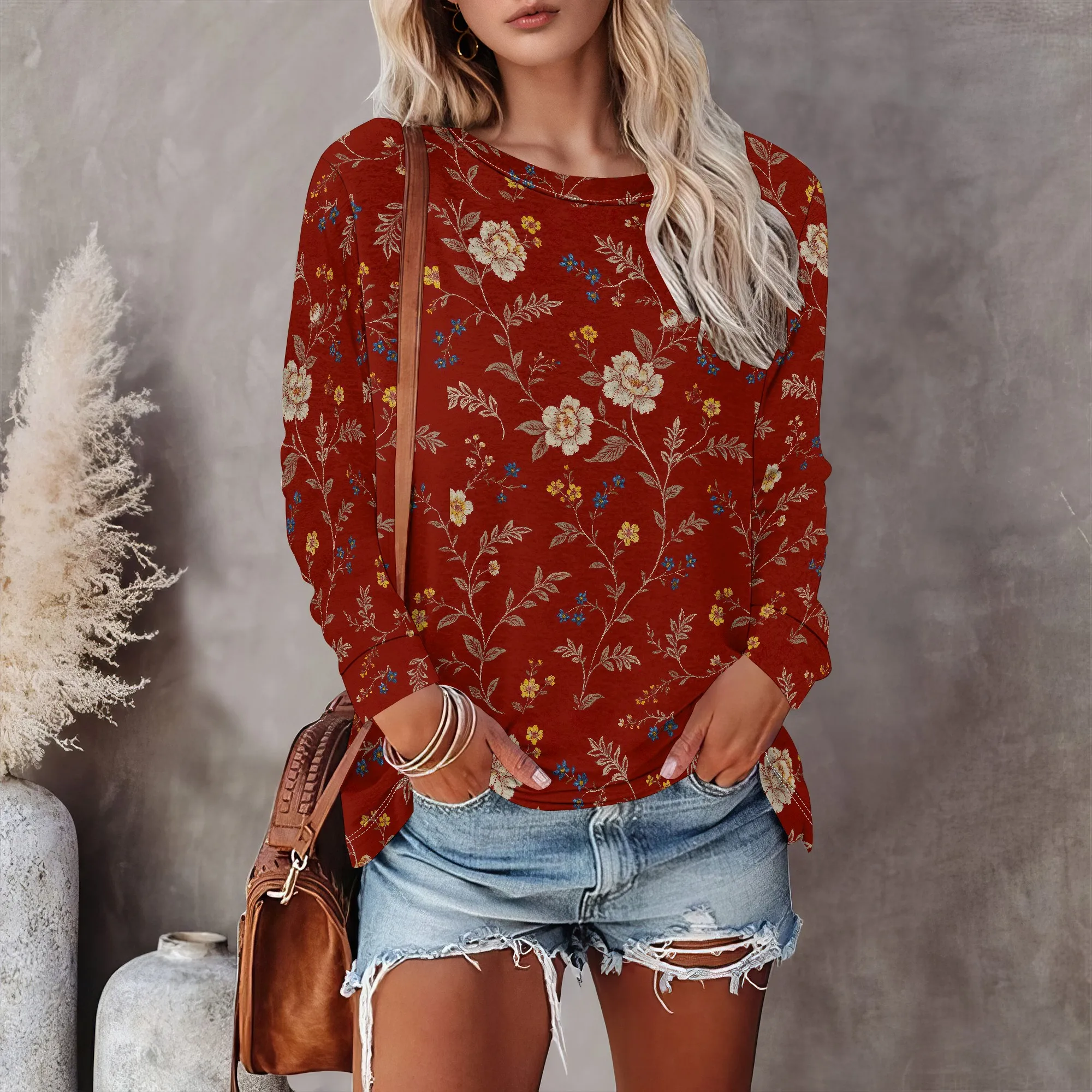 Womens Floral Print Long Sleeve Boho Sweatshirt Crew Neck Pullover Tops Country Style Spring Outing Sweatshirt