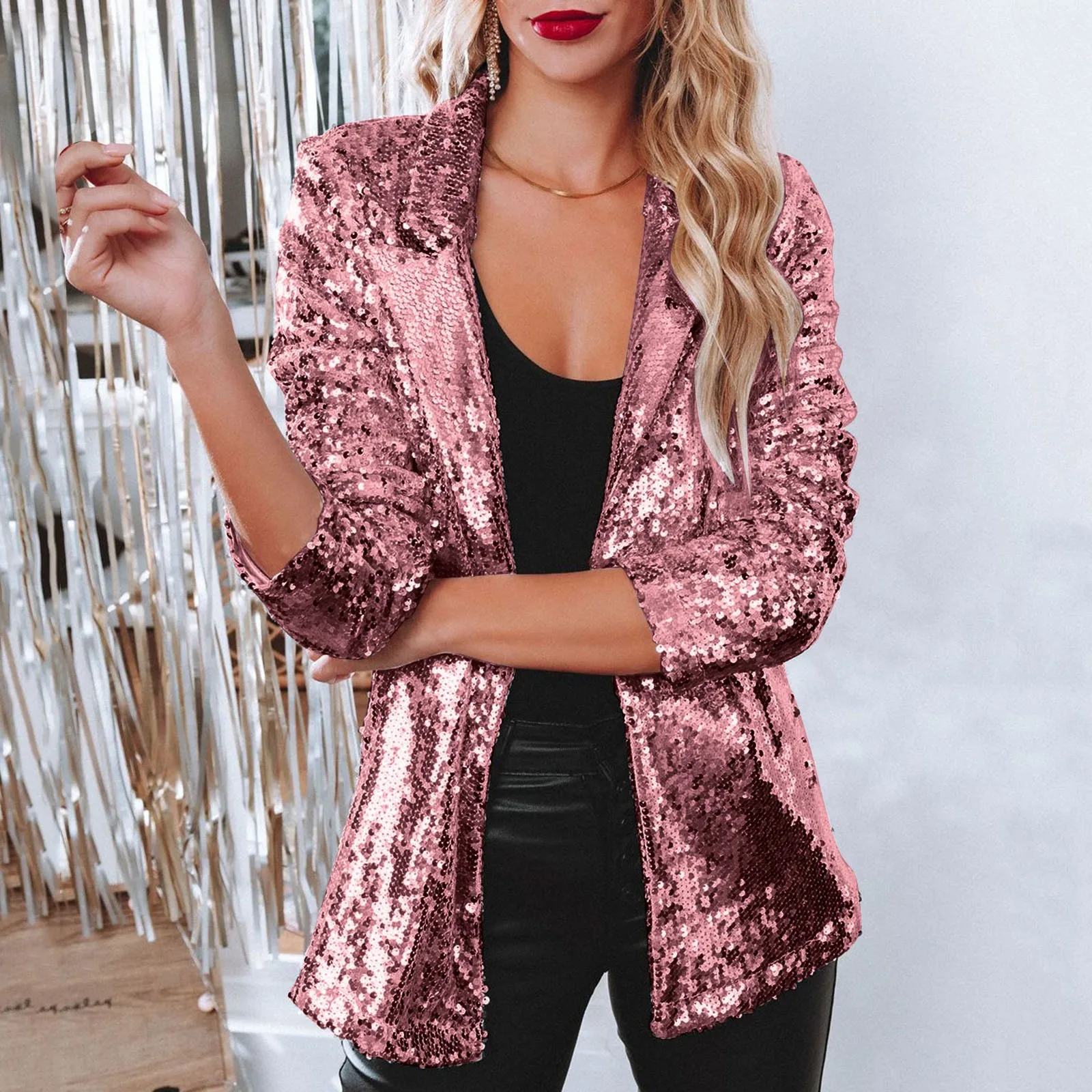 Women Sequins Jacket Party Motorcycle Long Sleeve Overcoat Glitter Shiny Lapel Rave Outerwear Silver Pink Gold Blazer Coat