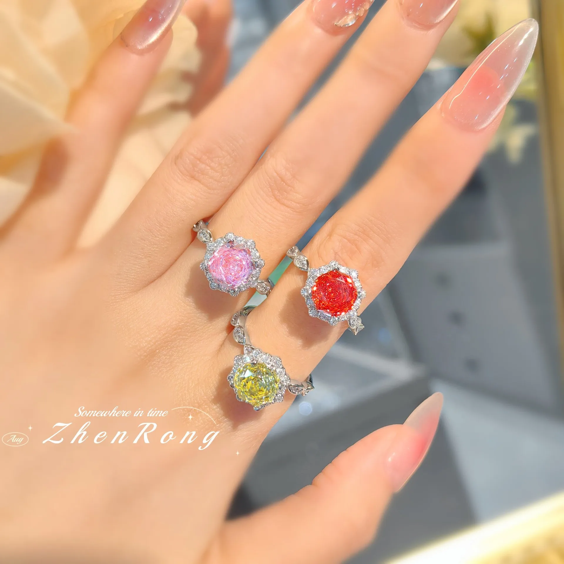 

Luxury Round Rose Flowers Cut Yellow/Pink/Orange Cubic Zirconia Rings Wedding Ring For Women Party Jewelry Engagement Ring