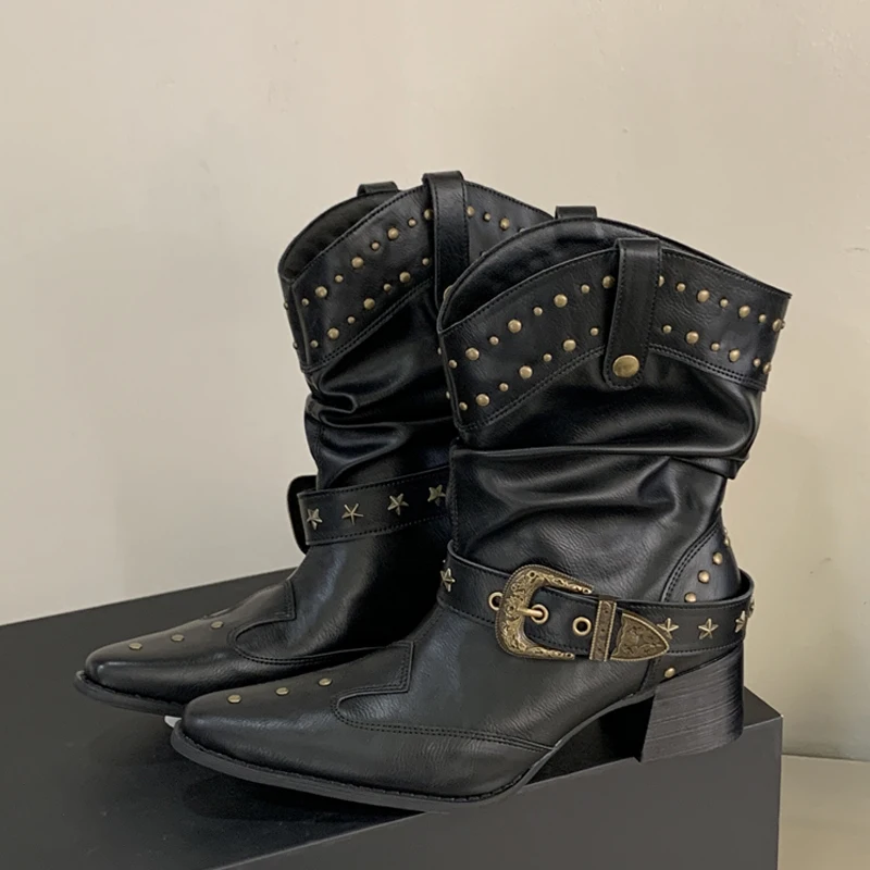 

Модные женские ботильоны Eilyken с заклепками и ремешками, на низком квадратном каблуке, с острым носком, весна-осень