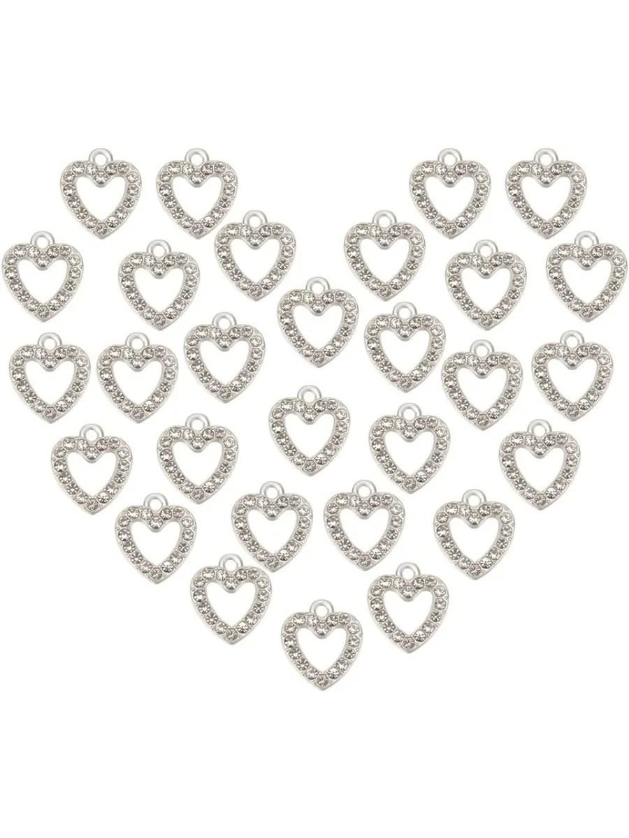 100pcs Silver Heart Pendants Alloy Rhinestone Heart Charms Special Heart Frame Pendants for Jewelry Making Bracelet Necklace,