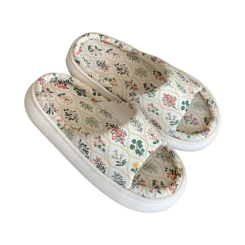 Summer House Slippers for Women with Floral Bow Linen Open Toe House Shoes Flax Indoor Slip On with Low Arch Support Rubber Sole