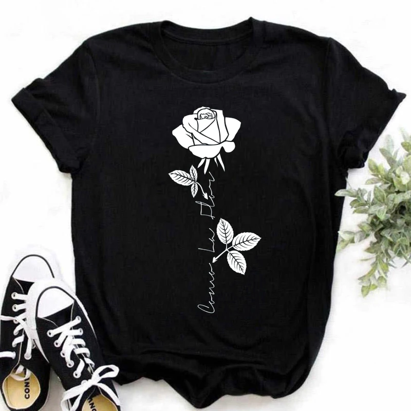 New Fashion Gold Rose Print Women T Shirt Harajuku Short Sleeves Tshirts Casual O-neck Top Tee Shirt Women Black T-shirt