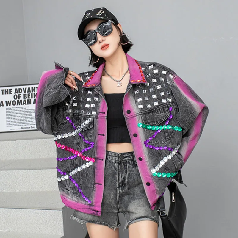 Hand-painted Graffiti Printing Black Denim Jacket Women Spring Casual Fashion Diamond Lapel Long Sleeve Jeans Jacket Streetwear