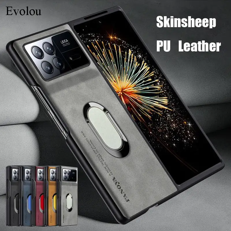 For Xiaomi Mix Fold 3 Sheepskin Leather Magnetic Ring Stand Holder Phone Case For Xiaomi Mix Fold4 2 Matte Lens Protection Cover