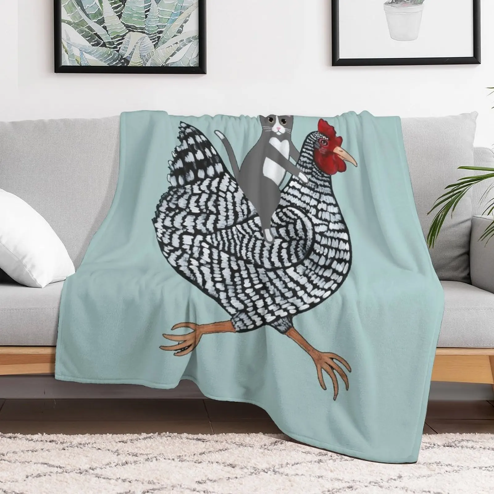 Grey Tuxedo Cat Chicken Ride Throw Blanket Bed warm winter Blankets