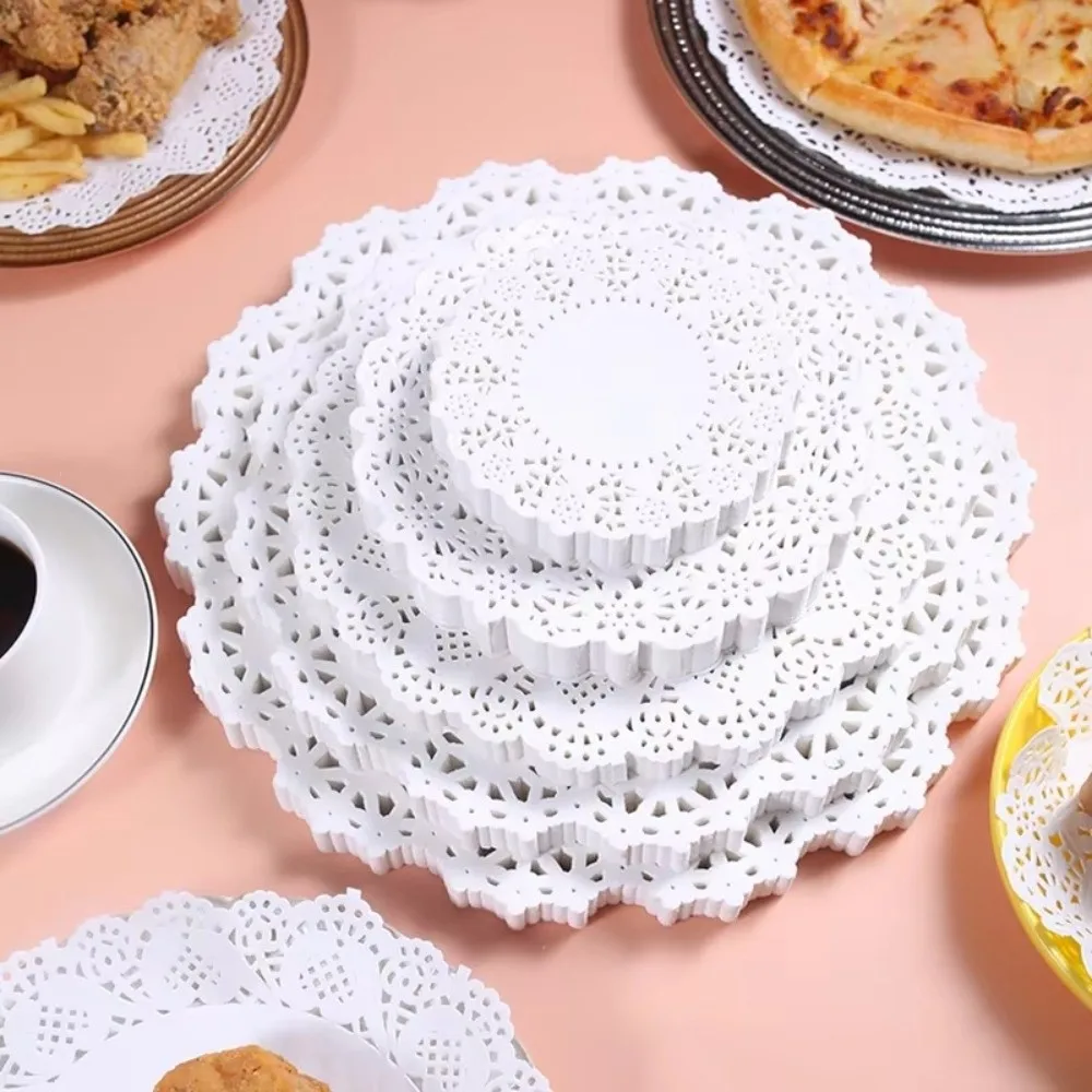 100PCS Round Shape Lace Paper Doilies Dessert Serving Flower Bottom Pattern Oil Absorbent Paper Hollow Lace Cake Paper Doilies