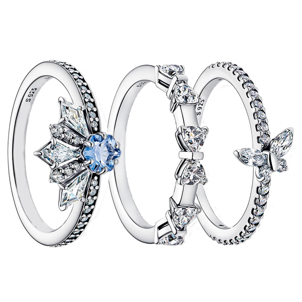 

2025 New Collection 925 Sterling Silver Blue Crystal Crown&Clear Butterfly Ring Ladies' Elegant and Fashionable Jewelry