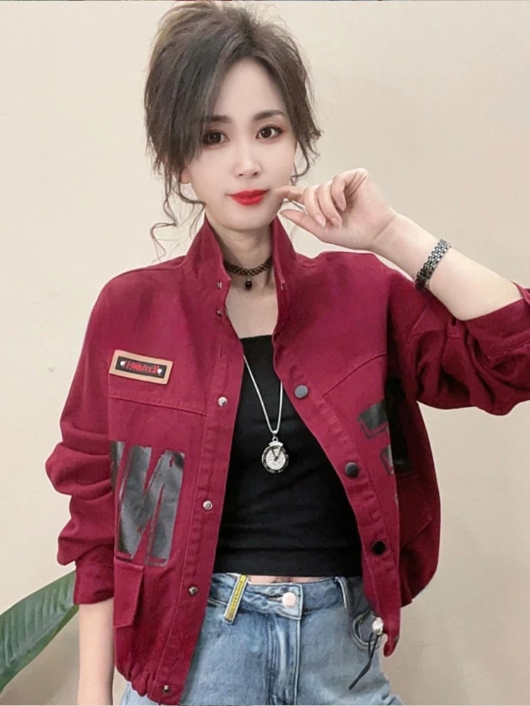 Pure Cotton Spring Autumn ort Jaet Women's Faionable Stand Collar Denim Outerwear Unique Small Size Ladies Top