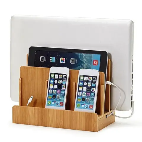 Multi-Function Natural Bamboo Charge Station Charging Dock Cradle Stand Holder Storage Box for Phones Tablet