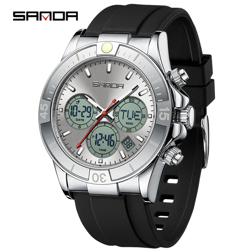 Moda Sanda 6192 relógio de quartzo masculino multifuncional à prova d'água esportes display duplo pulseira de silicone preto relógio de pulso para homens