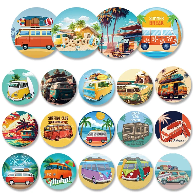 Summer Travel Plaques Round Metal Tin Signs Vintage Travel Bus Beach Surf Metal Plate Wall Decor Surfing Club Seaside Man Cave