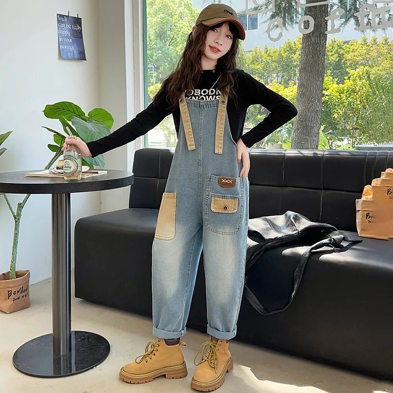 Fashion Design Kids Denim Patchwork Overalls for Girls Casual Jeans Suspenders With Strap Teen Child Vintage Blue Jeans Jumpsuit