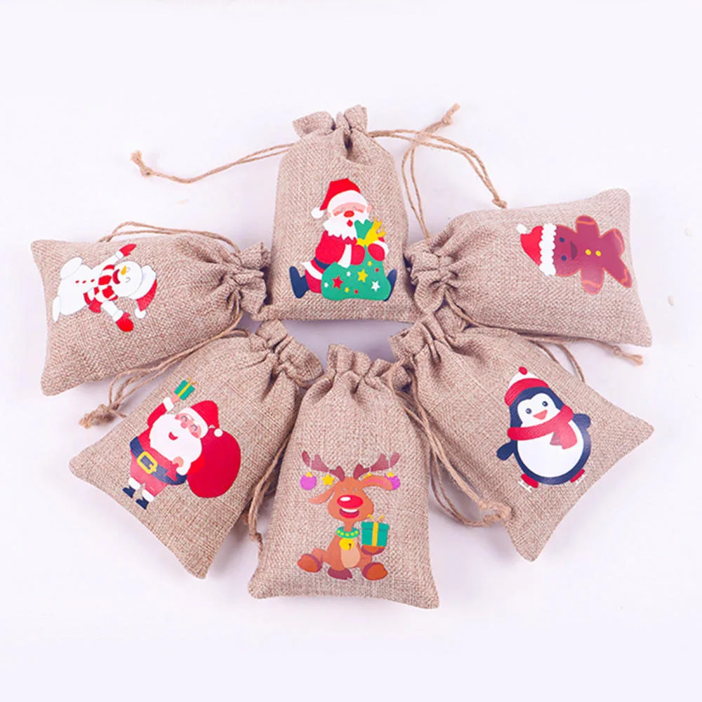 Christmas Candies Linen Bag Large Opening Portable Gift Pouch For Festival Gift