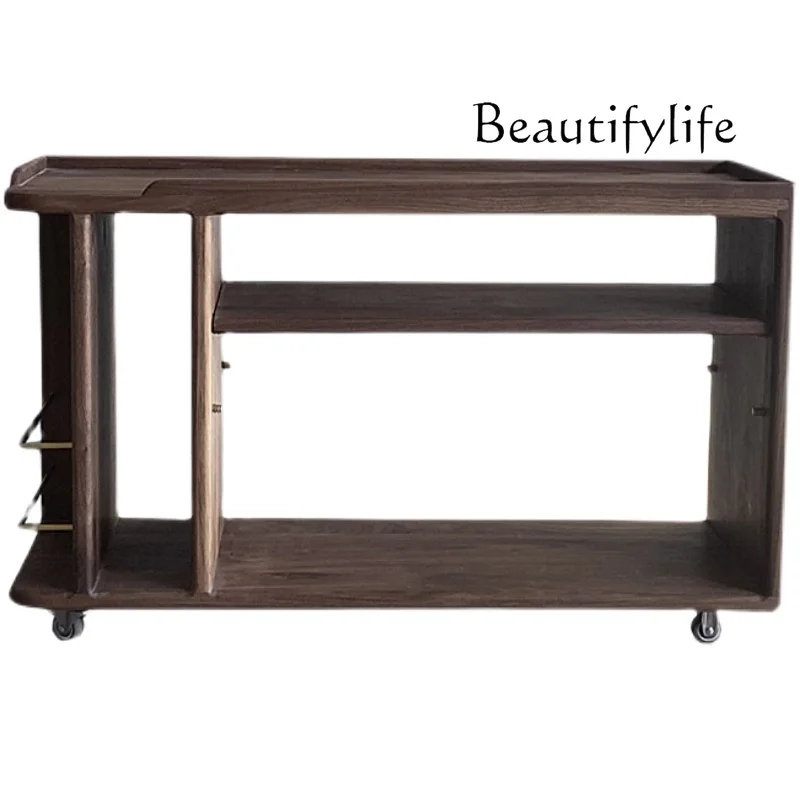 

Black Walnut Wooden Sofa Side Cabinet Nordic and Japanese Style Corner Table Cherrywood Solid Wood Movable Cabinet with Wheels