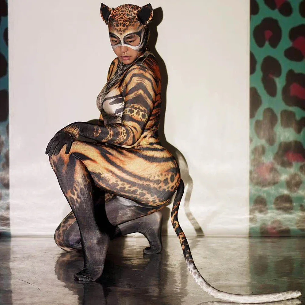 Tute elasticizzate da donna Abbigliamento di Halloween Modello cosplay di gatto Tute Corpo Manica lunga Costumi di ruolo Cerniera 2026