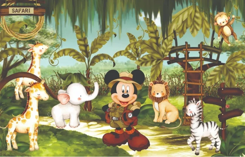 Mickey Mouse Safari Jungle Party Backdrops Green Forest Car Animals Boys Baby Shower Happy Birthday Photography Background