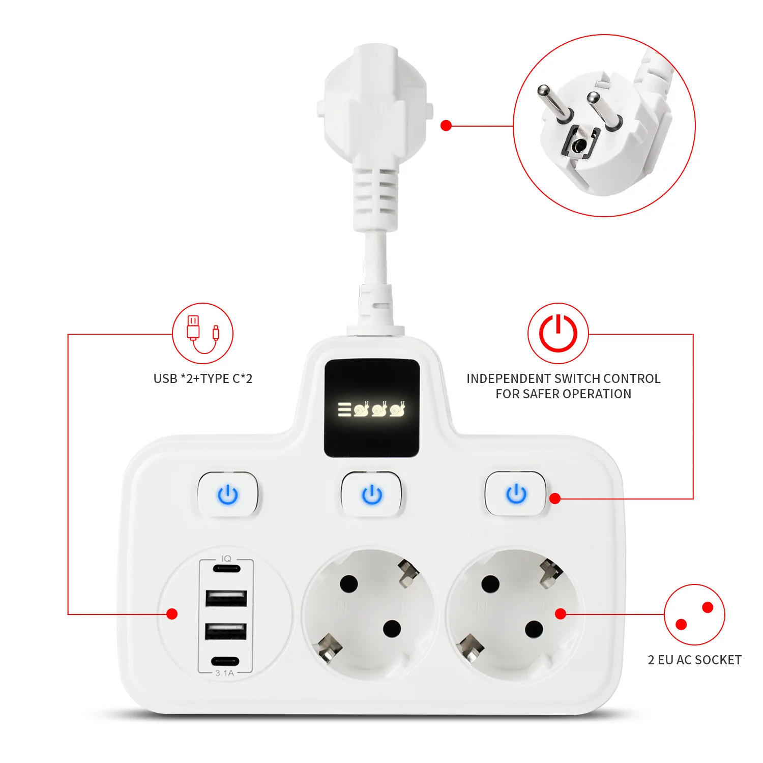 Hot Selling 3250W 13A 250V 2 Way European Socket With Independent Switch USB And Type-C Power Strip