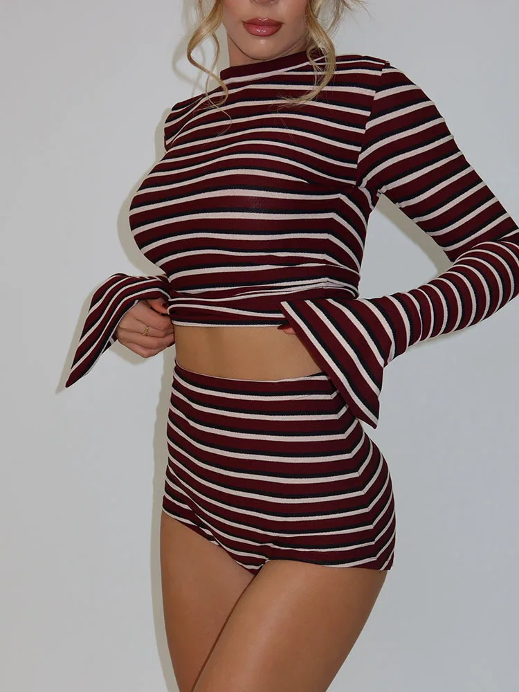 Articat Fashion Long Sleeve Round Neck Striped Set Women's Casual Stretch Slim T-Shirt Top Shorts Two-Piece Set Home Outdoor Set